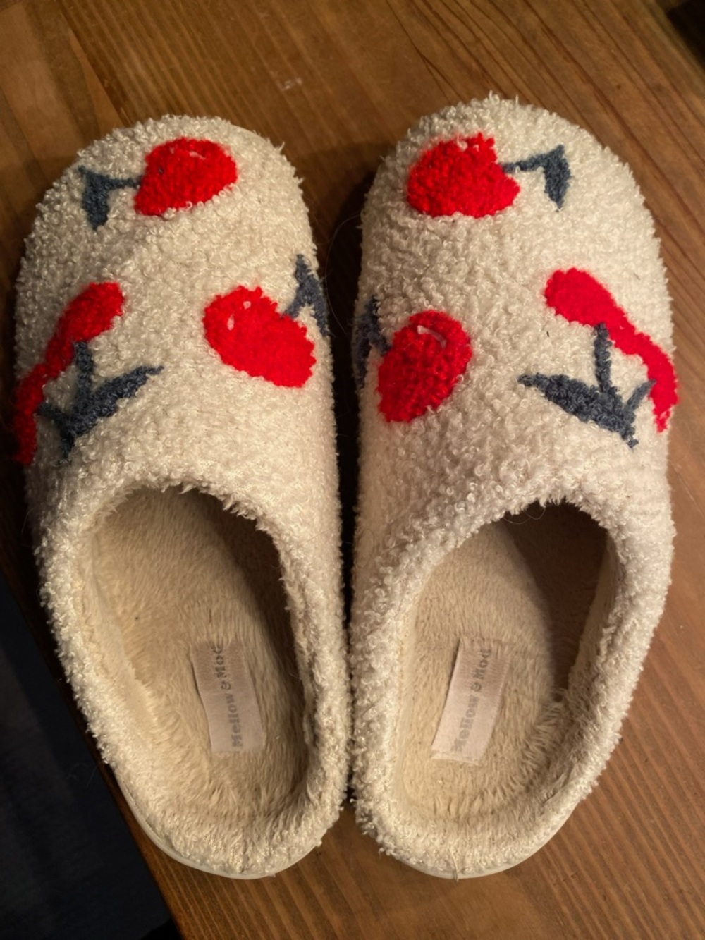 Heavily Worn (Holly) Cream Fuzzy Slippers with Red Strawberry Pattern